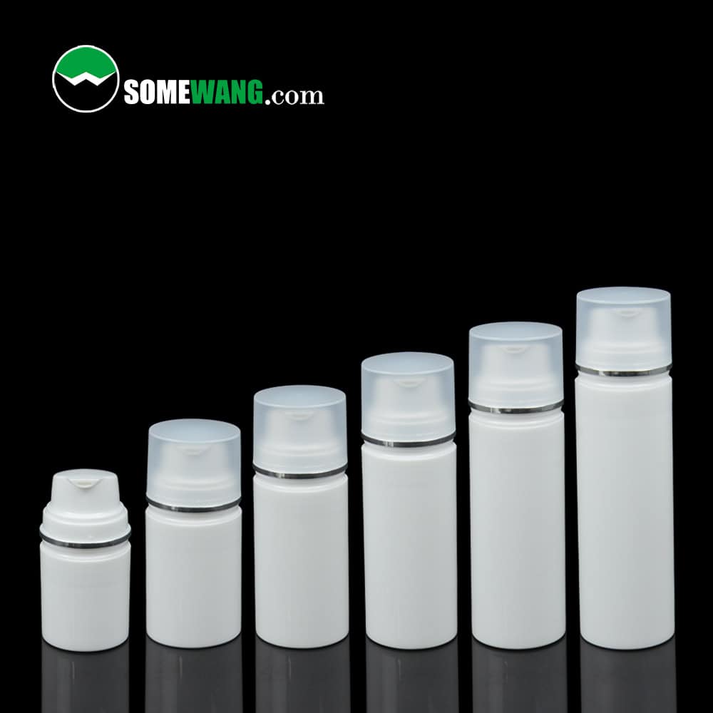 Five white plastic bottles with translucent lids are on a black surface. The tallest (150ml) is on the right; the shortest (30ml) is on the left.