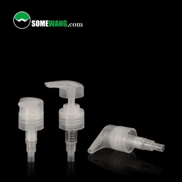 Three transparent plastic pump dispensers with different nozzles are showcased on a black background, featuring the "SomeWang.com" logo.