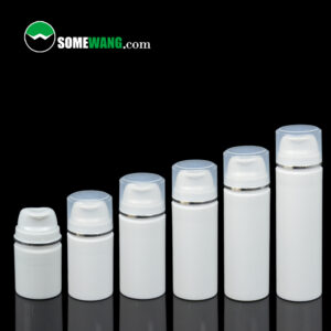 Cinco botellas de plástico blanco con tapas de borde transparente, con el logotipo "SOMEWANG.com", en tamaños de 30 ml a 150 ml.