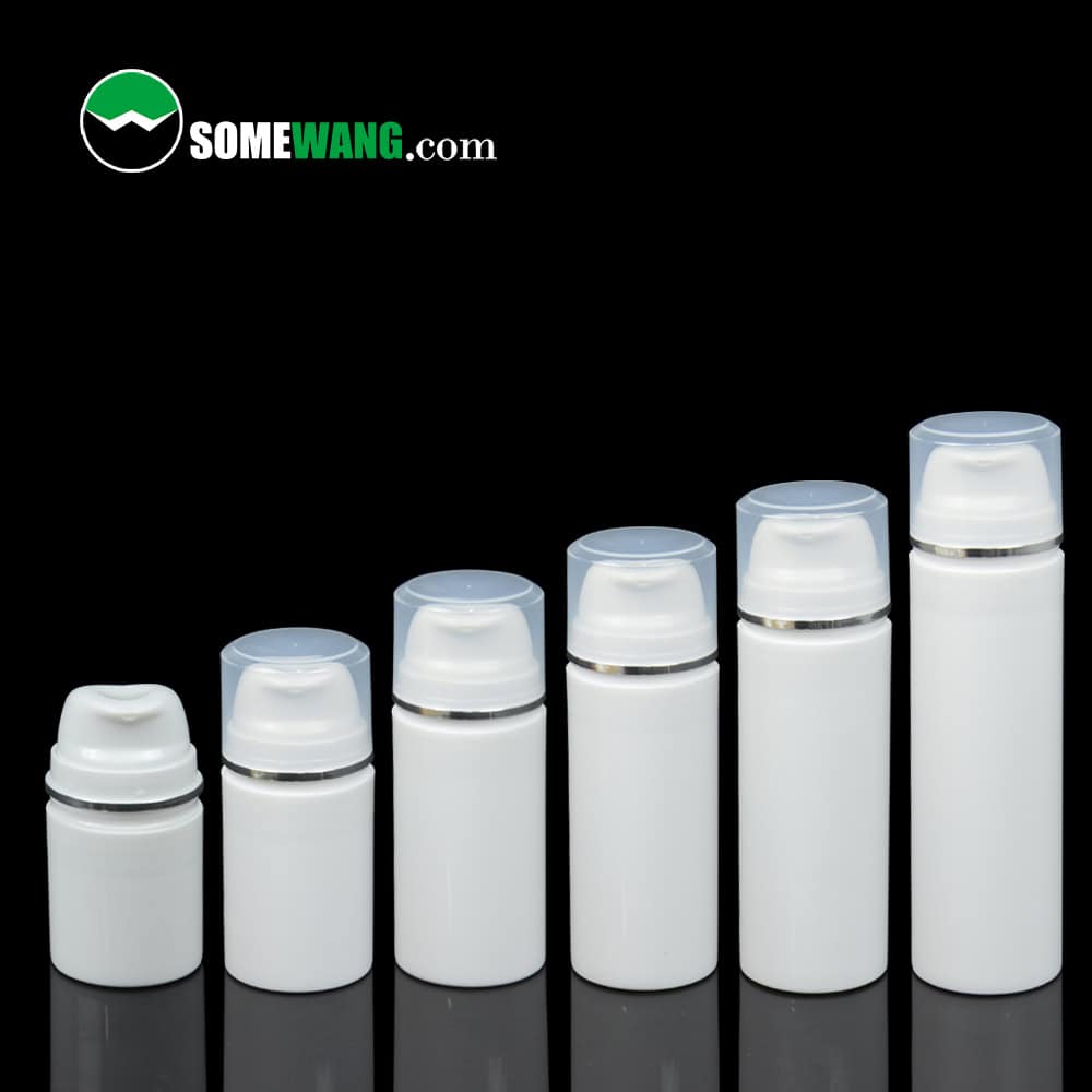 Five white plastic bottles with clear edge caps, featuring the "SOMEWANG.com" logo, in sizes 30ml to 150ml.