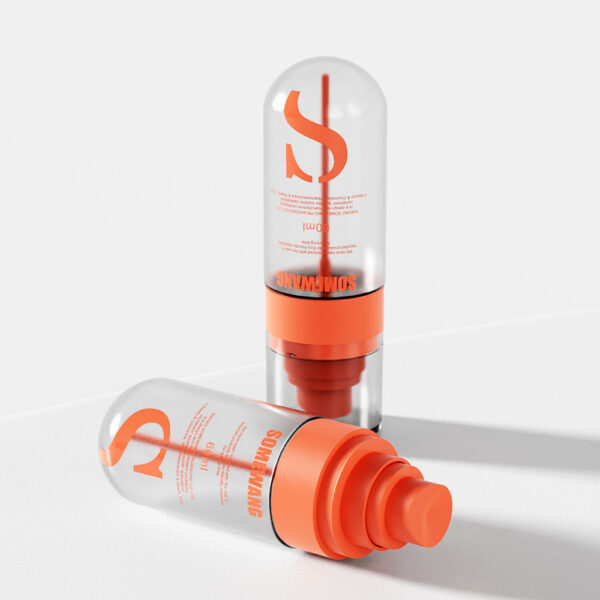 Two 240ML PE custom colored lotion bottles have vibrant orange bases, caps, with "SOM TWO" text on a white surface for a bright display.