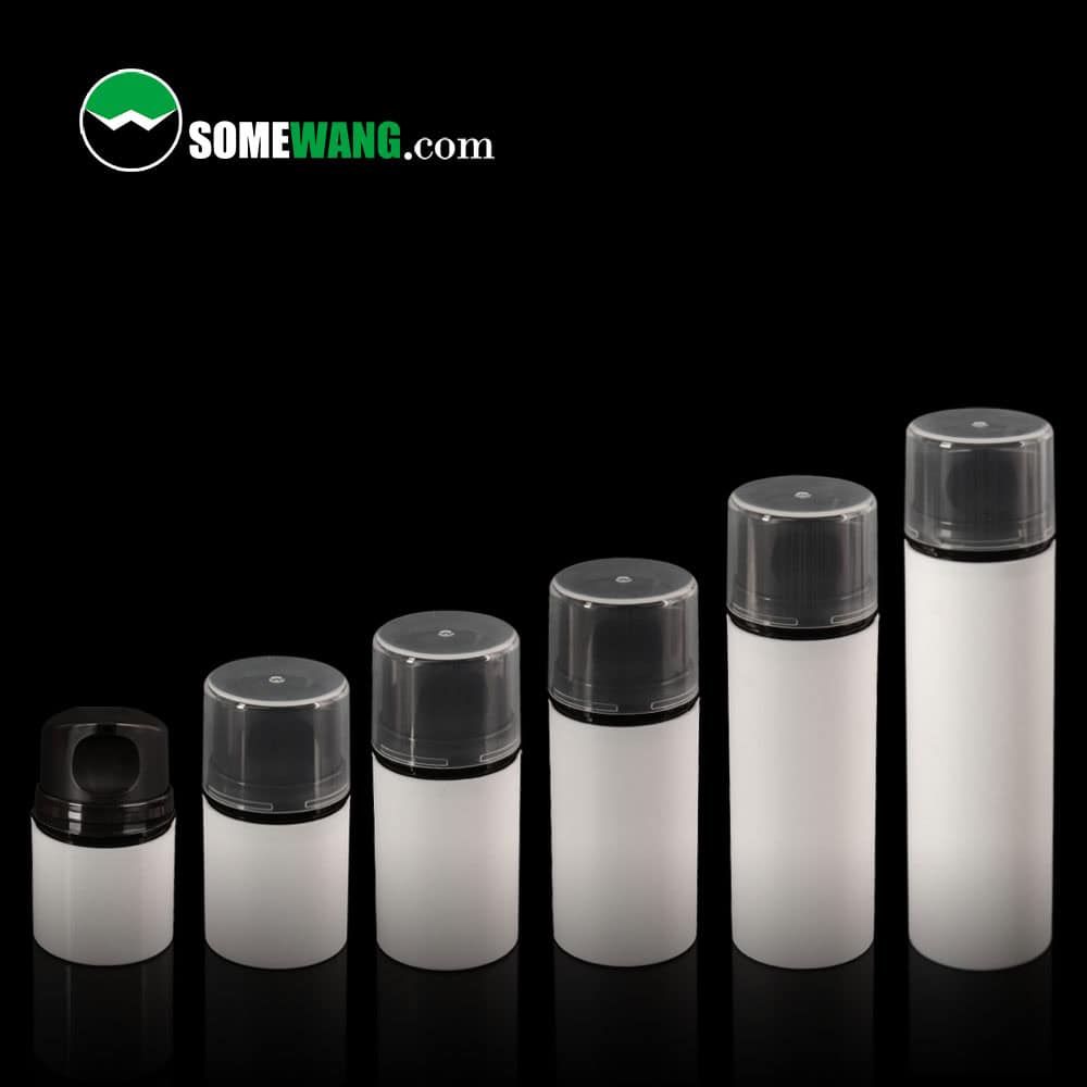 Five white cylindrical containers with transparent lids, arranged by size, on a black background. 'SOMEWANG.com' logo in the top left corner.