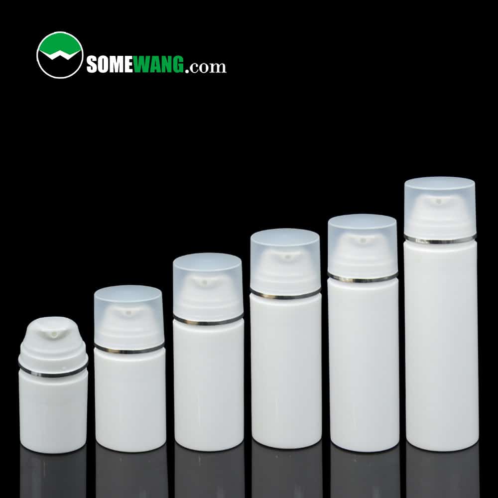 Five white cylindrical airless bottles (30ml-150ml) are lined up on a black background with "SOMEWANG.com" at the top left.