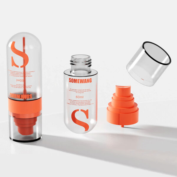 SOMEWANG" 240ML PE colored plastic lotion bottles showcase vibrant orange accents and include sealed, open, and cap focus designs.