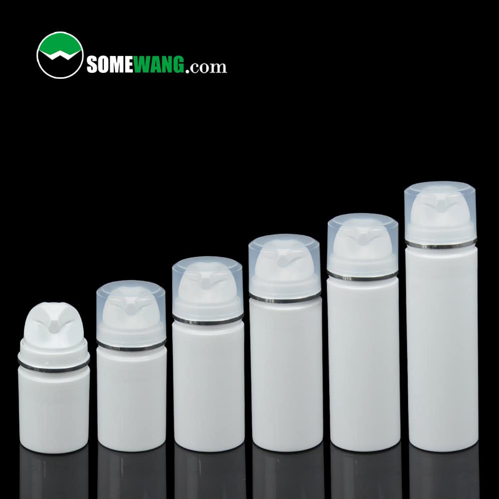 Five white cylindrical bottles (30ml-150ml) with clear caps are aligned by height. "SOMEWANG.com" in top left promotes Skin Essential collection.