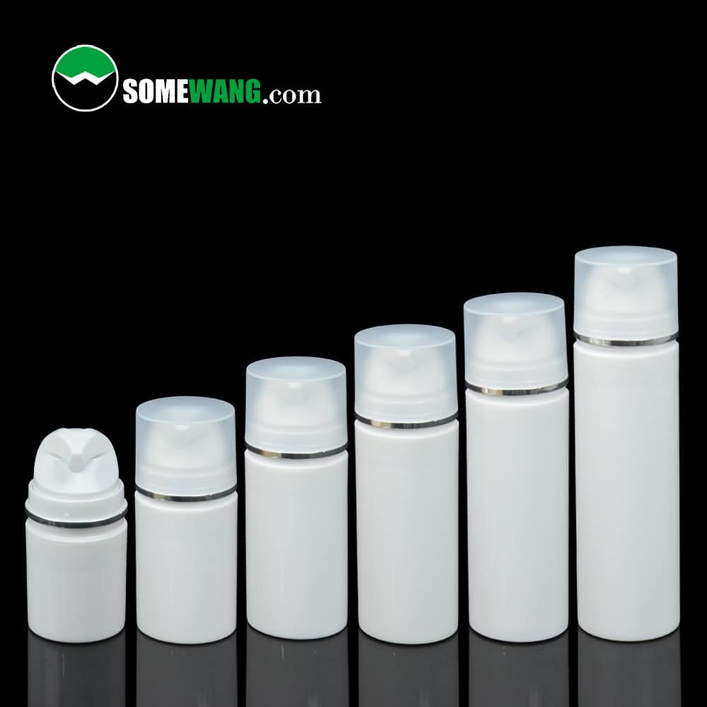 Five white, cylindrical PP recyclable airless bottles (30ml-150ml) are displayed in a row on a black background, labeled "SOMEWANG.com.