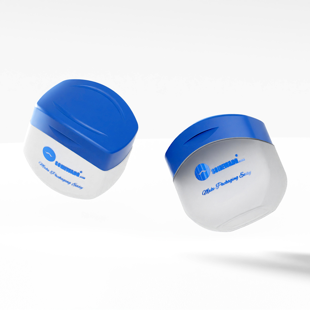 Two 240ML PE white and blue lotion bottles with rounded lids and identical branding float on a white background.