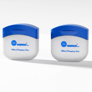 Two 240ML white PE containers with blue lids and "Make Packaging Easy" logo resemble colored plastic bottles.