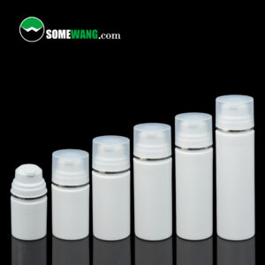 Un conjunto de seis botellas sin aire (30 ml-150 ml) con tapas en ángulo recto en orden ascendente sobre un fondo negro, el logotipo de SomeWang.com en la parte superior izquierda.