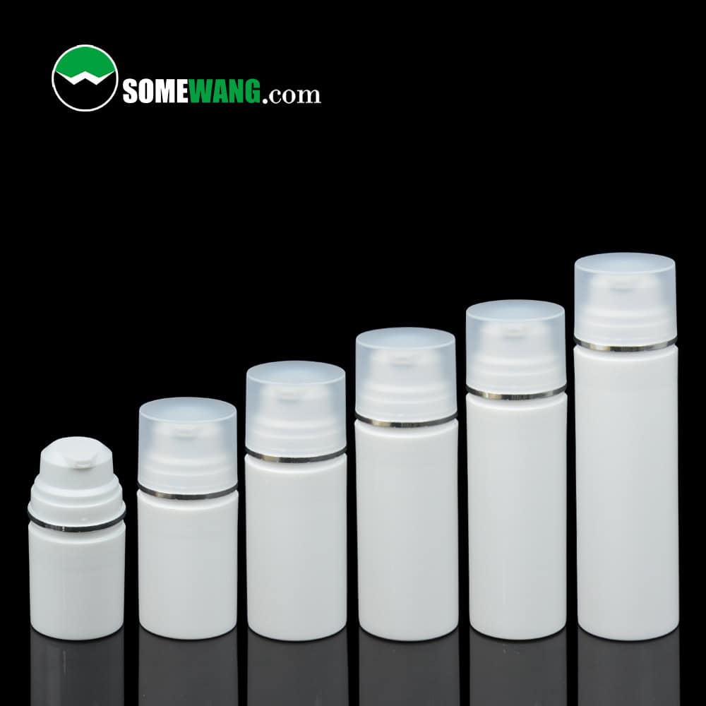 A set of six airless bottles (30ml-150ml) with Right Angle caps in ascending order on a black background, SomeWang.com logo top left.