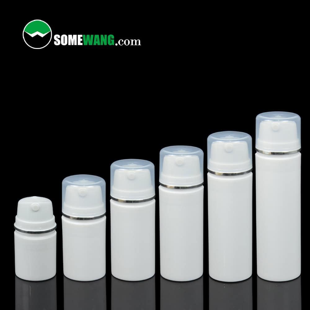 Five airless bottles (30ml-120ml) with rounded caps are aligned on a black background. "SomeWang.com" logo in the upper left corner.