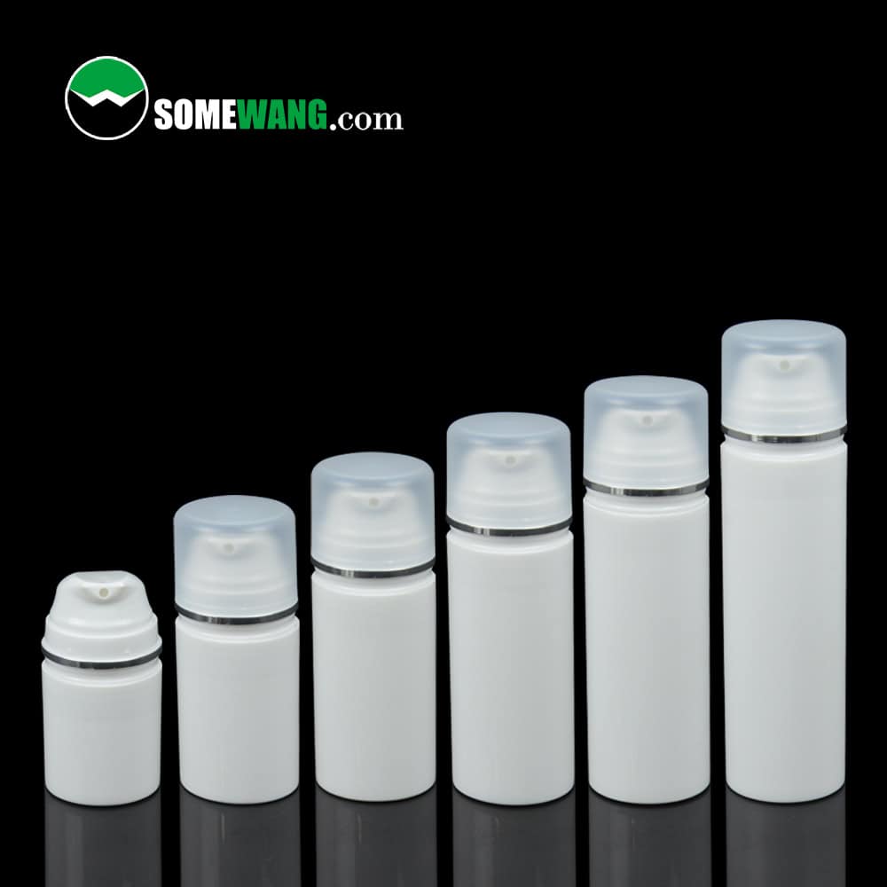 Six white airless bottles (30ml & 50ml) with clear caps are displayed against a black background; "SOMEWANG.com" logo at top left.