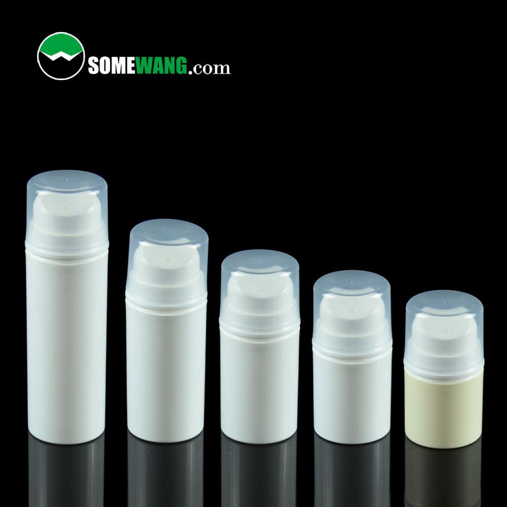 Five 35ml~150ml airless bottles with transparent caps are lined up on a reflective black surface. "SOMEWANG.com" logo in top left corner.