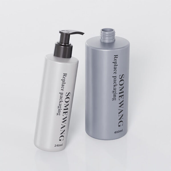 Two 240ML "SOMEWANG" plastic lotion bottles, one with a pump and one open, sit elegantly on a pristine white surface.