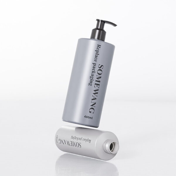 Two sleek 240ML gray plastic lotion bottles with pumps labeled "SOMEWANG," stacked vertically on a reflective surface.