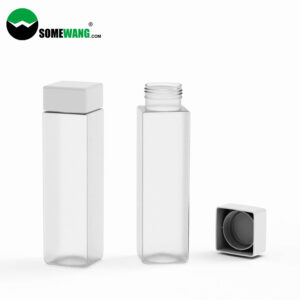 Two clear 600ML SOMEWANG PET square water bottles with white caps, one open, one closed. SOMEWANG logo in the top-left corner.