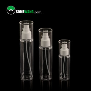 Set of three high-end SOMEWANG PET bottles (100ml, 120ml, 150ml) with white nozzles on black background. Perfect for custom lotion packaging.