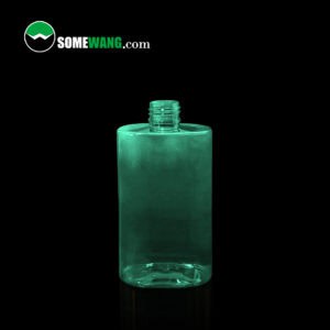 A "SOMEWANG 250ML PET Customized Colored Bottle" in transparent green with a screw-on neck is displayed against a black background.