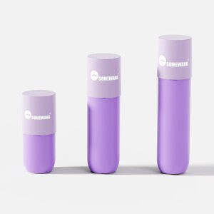 Three purple SOMEWANG bottles (100ml & 250ml) with grey lids, arranged in a row on a white background.