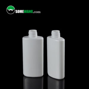 Two white rectangular bottles with screw-on caps against a black background. "SOMEWANG.com" logo atop. 150ML PET Customized Bottles for Serum or Lotion.