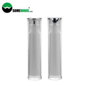 Twee 50 ml acryl airless flessen met pompdispenser met het SOMEWANG-logo. "50 ml Acryl High End Airless Fles D38mm Oliecrème" voor huidverzorging.