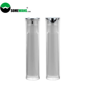 Two 50ml acrylic airless bottles with pump dispensers display the SOMEWANG logo. "50ml Acrylic High End Airless Bottle D38mm Oil Cream" for skincare.