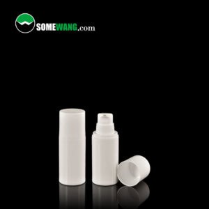 Two white plastic bottles from the "20ml 30ml 50ml All Plastic PP Airless Bottle" line. One is uncapped, another capped, with a loose cap beside them. Text reads "SomeWang.com.