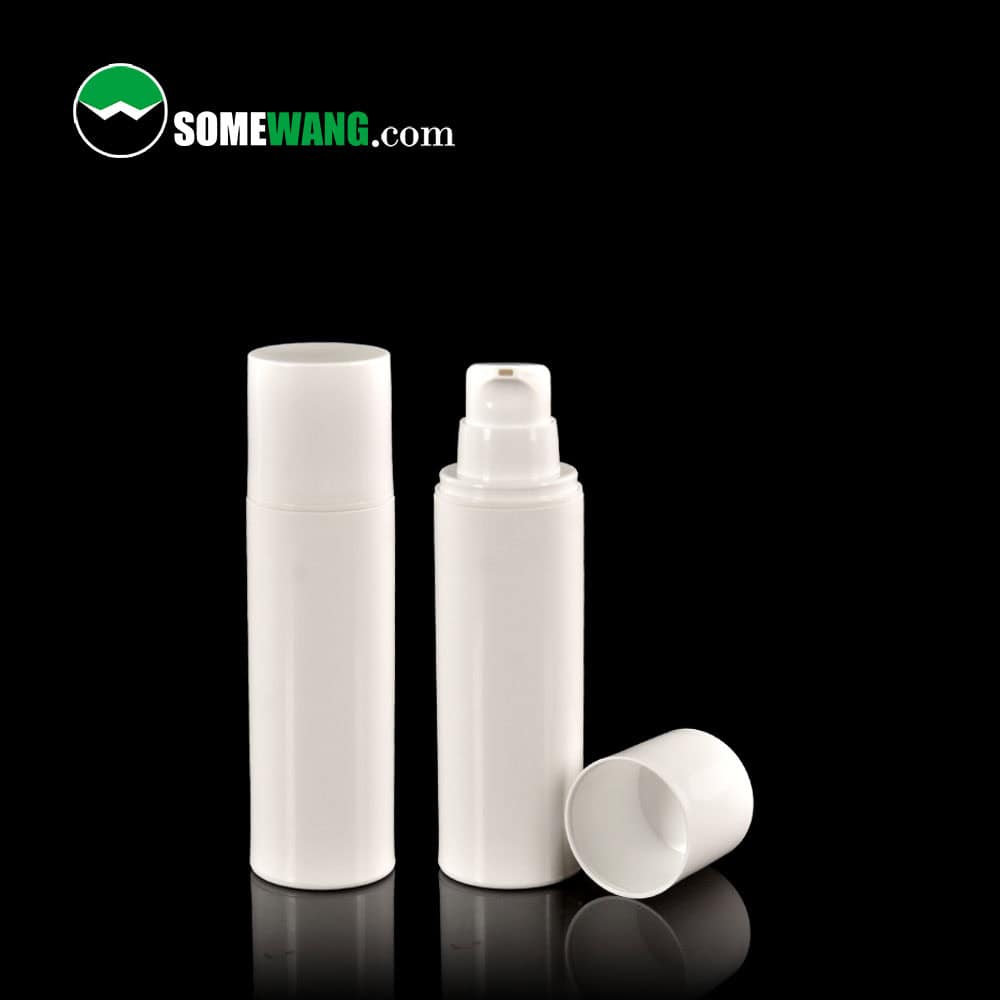 Two white recycled PP airless bottles (20ml, 30ml, 50ml) on a black background, one uncapped. SomeWang.com logo in top left corner.