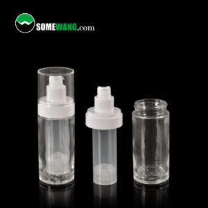 Three transparent cylindrical bottles with white pumps: one 30ml refillable airless (fully assembled), one partially, and one without a cap or dispenser.