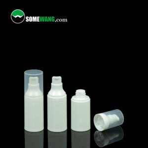 Three white plastic bottles with clear caps against a black background: one capped, one uncapped, one partly disassembled. "SOMEWANG.com" in the top left.