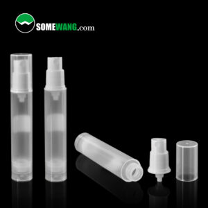 Clear cylindrical spray bottles and a disassembled 30ml PP Airless Bottle D24mm Pump Sprayer lie on a black background, with "SOMEWANG.com" visible.