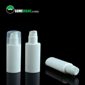 Three white plastic pump bottles are shown against a black background: one capped, one uncapped, and one on its side.