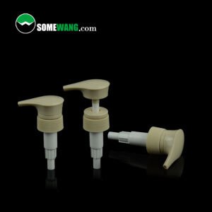 Three beige 32mm plastic lotion pumps (two upright, one on side) on a black background, with "SOMEWANG.com" logo in the top left corner.