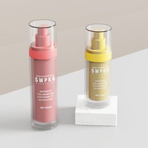 Botol pompa SWPKG berwarna merah muda dan kuning diletakkan pada permukaan yang terang, sedangkan botol berwarna kuning diletakkan pada balok putih di samping botol kaca.