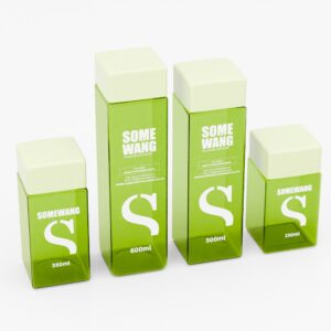 Product: SOMEWANG PET Square Bottles (250ml-600ml) with white screw caps and green color.