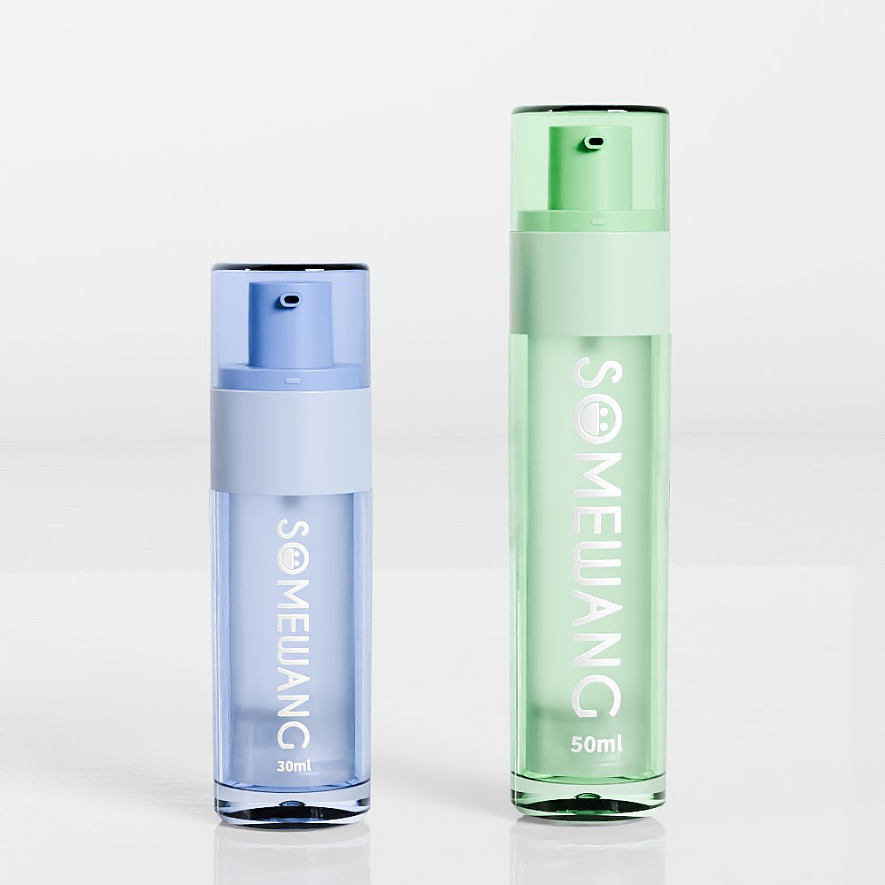 The sleek packaging includes two refillable airless spray bottles labeled "SOMEWANG" on white: a 30ml blue and a 50ml green bottle.