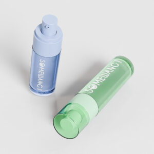 Two Acrylic PP Refillable Airless Spray Bottles, one blue and one green, 30ml or 50ml, D39mm, on a light gray background.