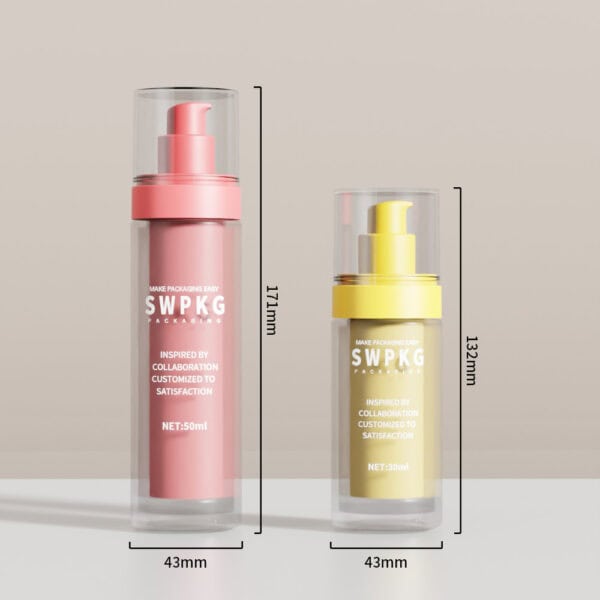 Różowe (50 ml) i żółte (30 ml) butelki z pompką oznaczone etykietą „SWPKG PACKAGING” o podanej wysokości i szerokości.