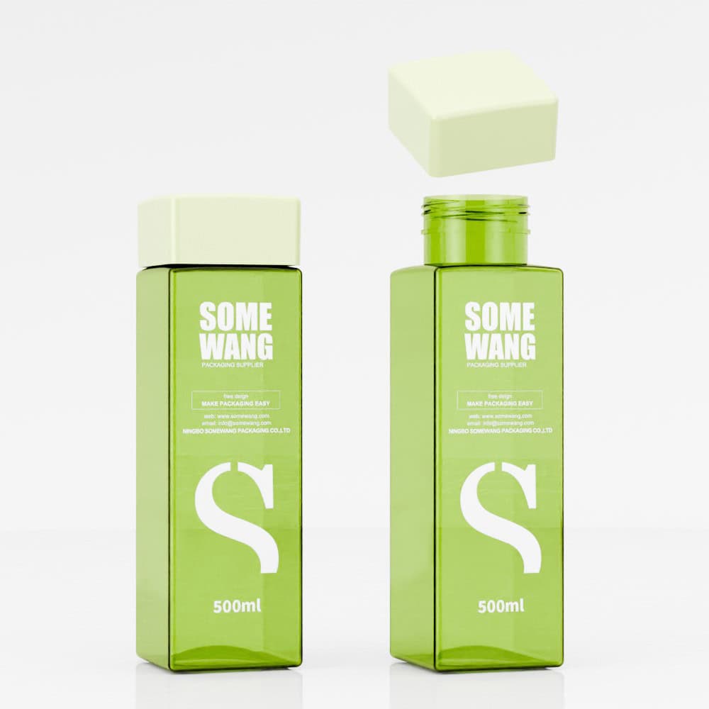 Two green SOMEWANG 500ml bottles with screw caps. One is open, cap floating above it.