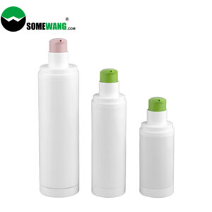 Tres botellas rellenables de PP sin aire de 15 ml, 30 ml y 50 ml para crema facial con tapas con dosificador. Dos tienen boquillas verdes y una rosa. Se muestra el logotipo de "Somewang.com".