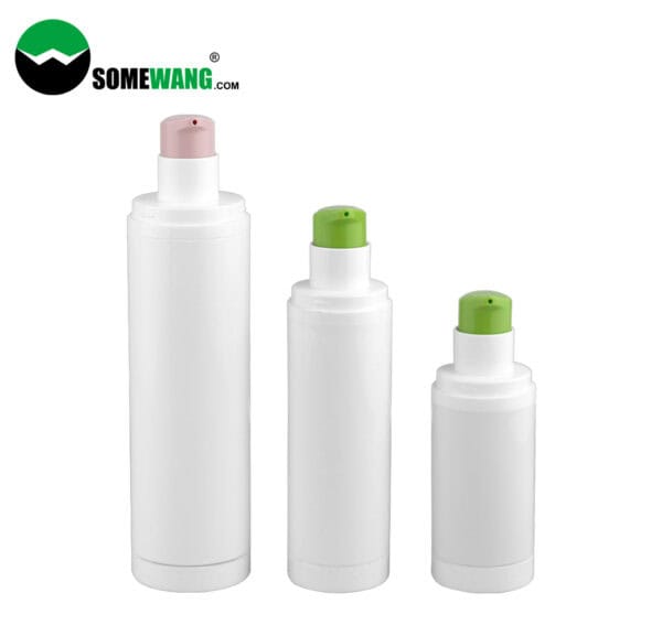 Three 15ml, 30ml, 50ml refillable PP airless bottles for facial cream with pump tops. Two have green nozzles and one pink. "Somewang.com" logo displayed.