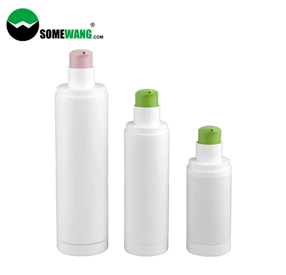 Three 15ml, 30ml, 50ml refillable PP airless bottles for facial cream with pump tops. Two have green nozzles and one pink. "Somewang.com" logo displayed.