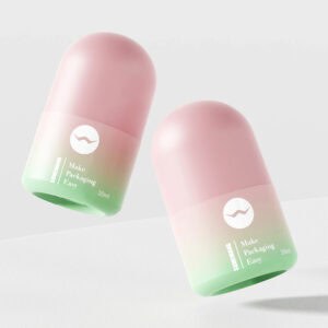 Dua botol berbentuk kubah pastel berlabel "PP Roll-On Boleh Kitar Semula, 30ml/50ml," sesuai untuk minyak pati, terapung pada latar belakang yang terang.