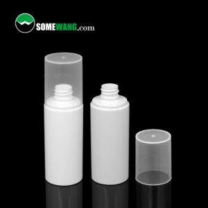 Three white SOMEWANG 90ML PET Lotion Bottles are displayed on a black background. Two have clear caps removed, one has its cap beside it. The "SOMEWANG.com" logo is at the top left.