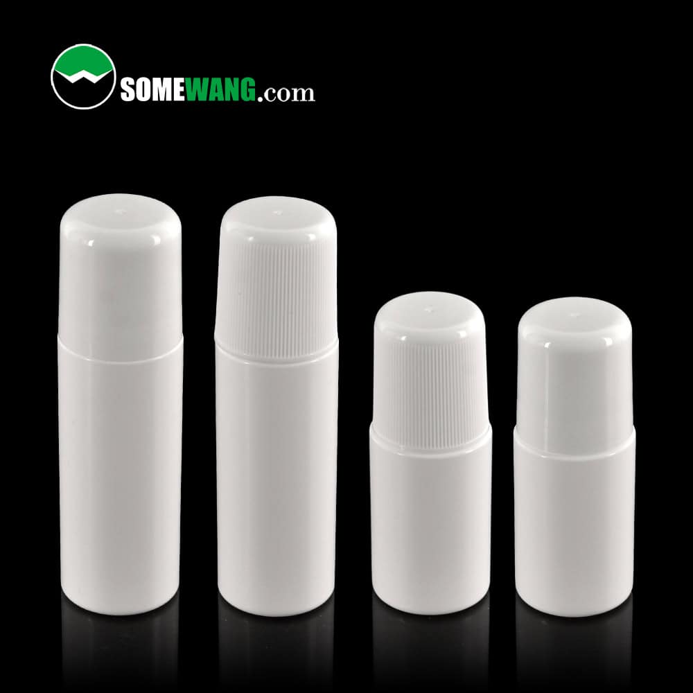 Four white cylindrical containers (60ml & 90ml PP roll-on bottles) with plain/ribbed caps are shown against a black background. "SomeWang.com" logo is at the top left.