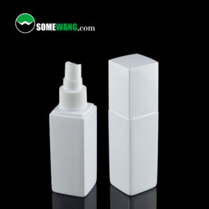 Two white 120ML SOMEWANG PET square bottles, one with the cap off showing the spray nozzle, and a URL "somewang.com" in the top left.