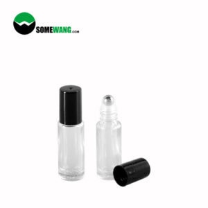 Two clear 5ml glass roll-on bottles with black caps and steel ball applicators. One bottle is open, the other is closed. "SOMEWANG.com" logo visible.