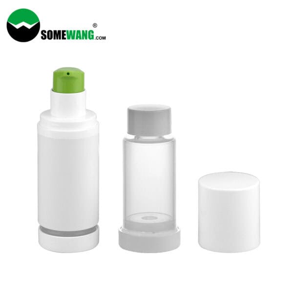 Three cylindrical containers for 15ml, 30ml, or 50ml facial cream are shown. One has a green pump dispenser, another is clear with a grey base, and the third has a white screw cap. "Somewang" logo is at the top left.