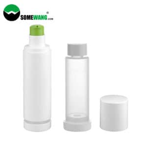 Yeşil, şeffaf ve beyaz kapaklı üç adet beyaz havasız şişe; soldakinin yeşil bir başlığı var. Sol üstte "SOMEWANG" logosu. 15ml 30ml 50ml yüz kremi saklamak için ideal.