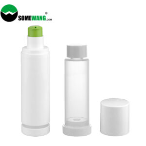 Three white airless bottles with green, transparent, and white caps; the left one has a green nozzle. "SOMEWANG" logo on top left. Ideal for 15ml 30ml 50ml facial cream storage.